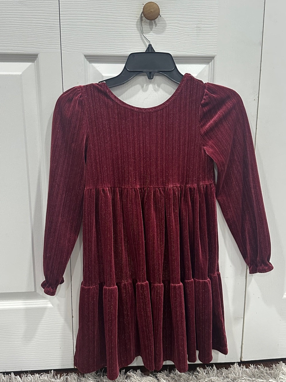 Tahari Girls' Burgundy Velvet Tiered Long-Sleeve Dress